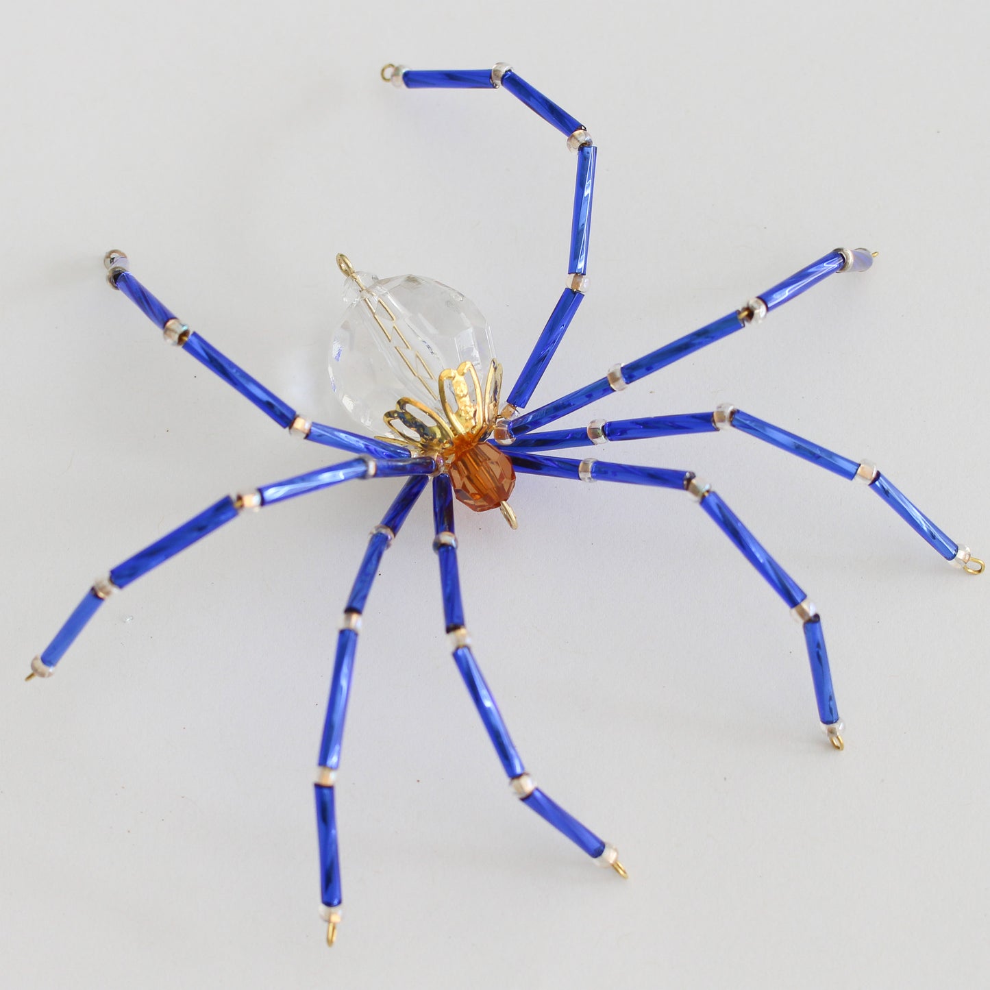 Beaded Spider Christmas Ornament Blue and Caramel (One of a Kind)