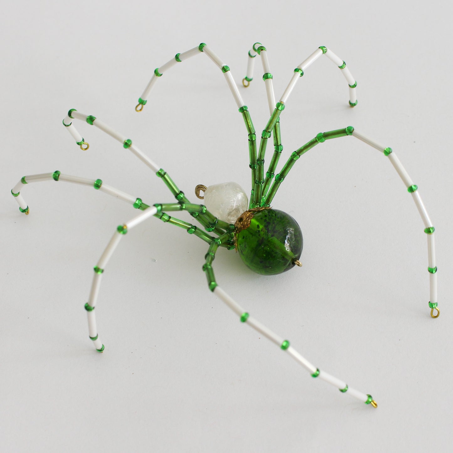 Beaded Spider Christmas Ornament White and Green (One of a Kind)