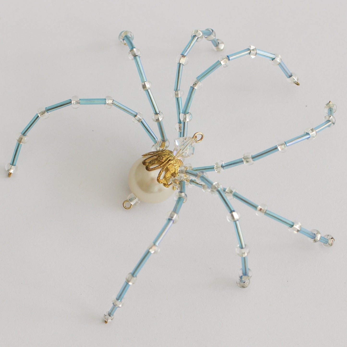 Beaded Spider Christmas Ornament Pearl and Light Blue (One of a Kind)