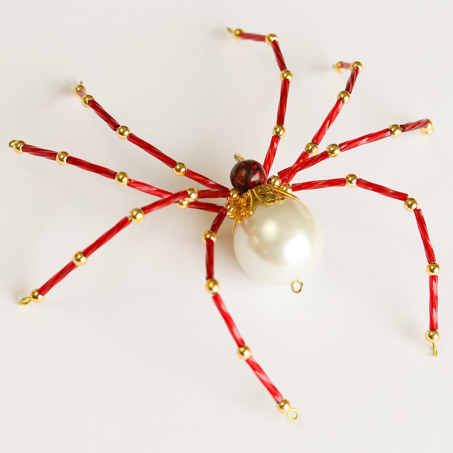 Beaded Spider Christmas Ornament Pearl, Red and Gold (One of a Kind)