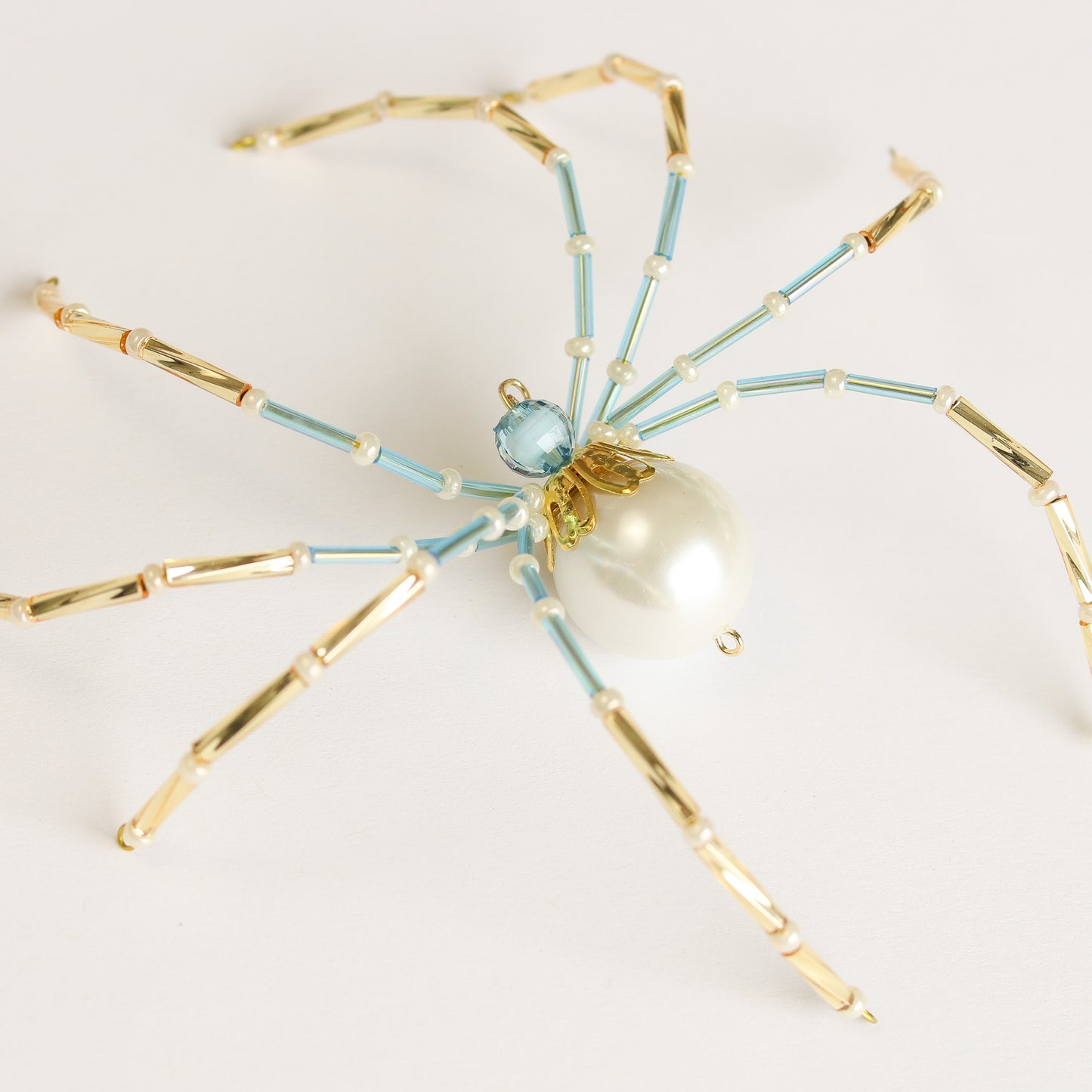 Beaded Spider Christmas Ornament Pearl, Aqua and Gold (One of a Kind)