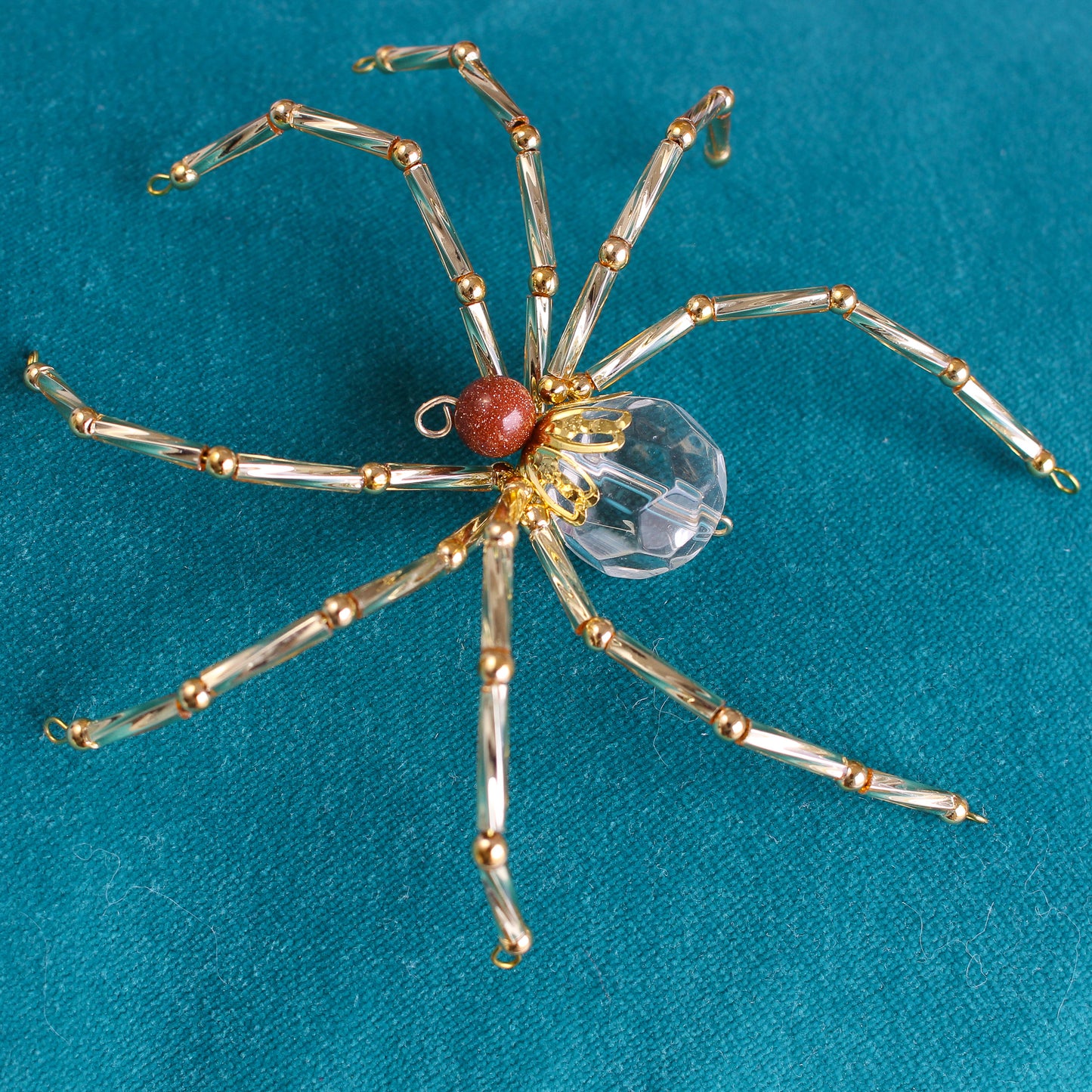 Beaded Spider Christmas Ornament Gold Stone and Clear Faceted Glass (One of a Kind)