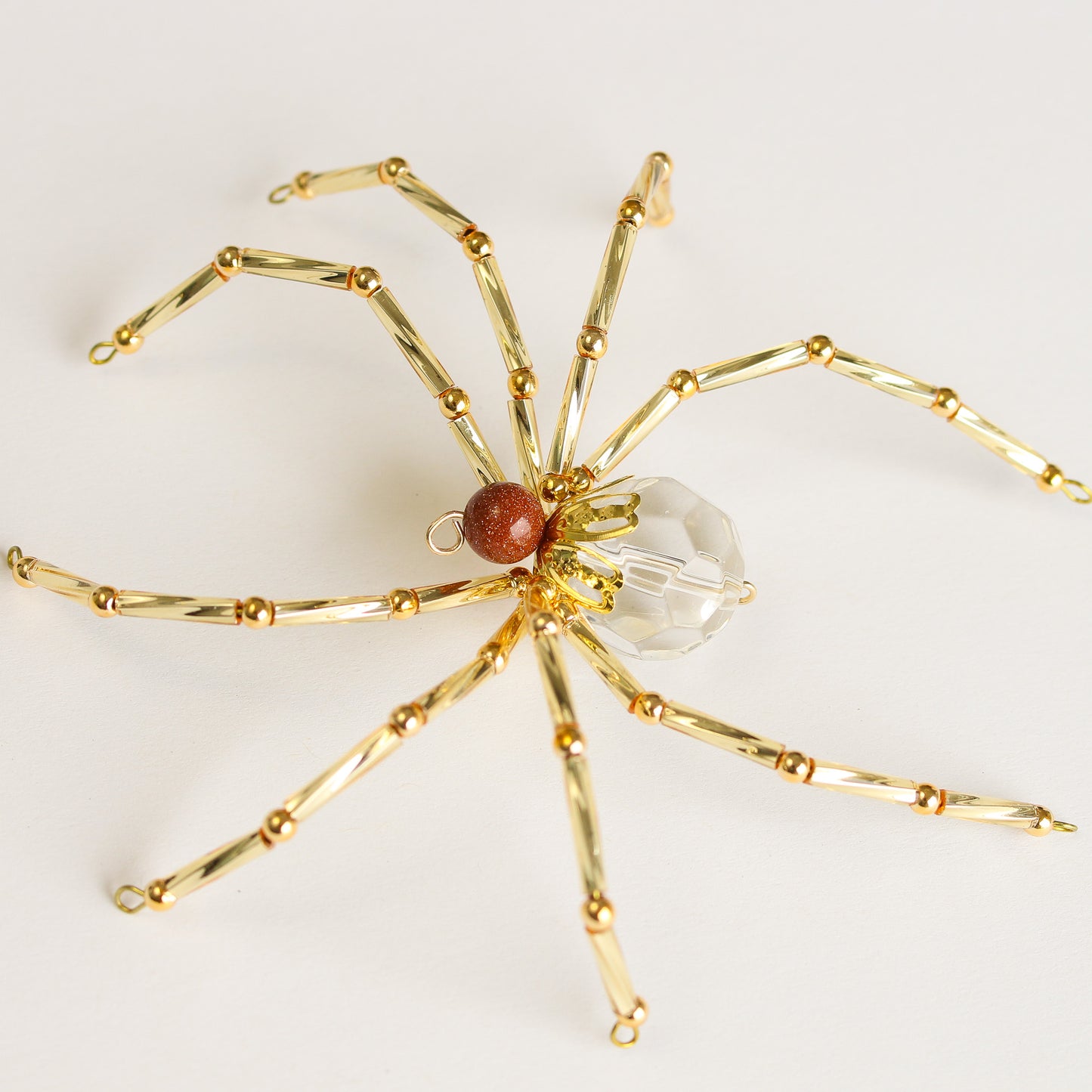 Beaded Spider Christmas Ornament Gold Stone and Clear Faceted Glass (One of a Kind)