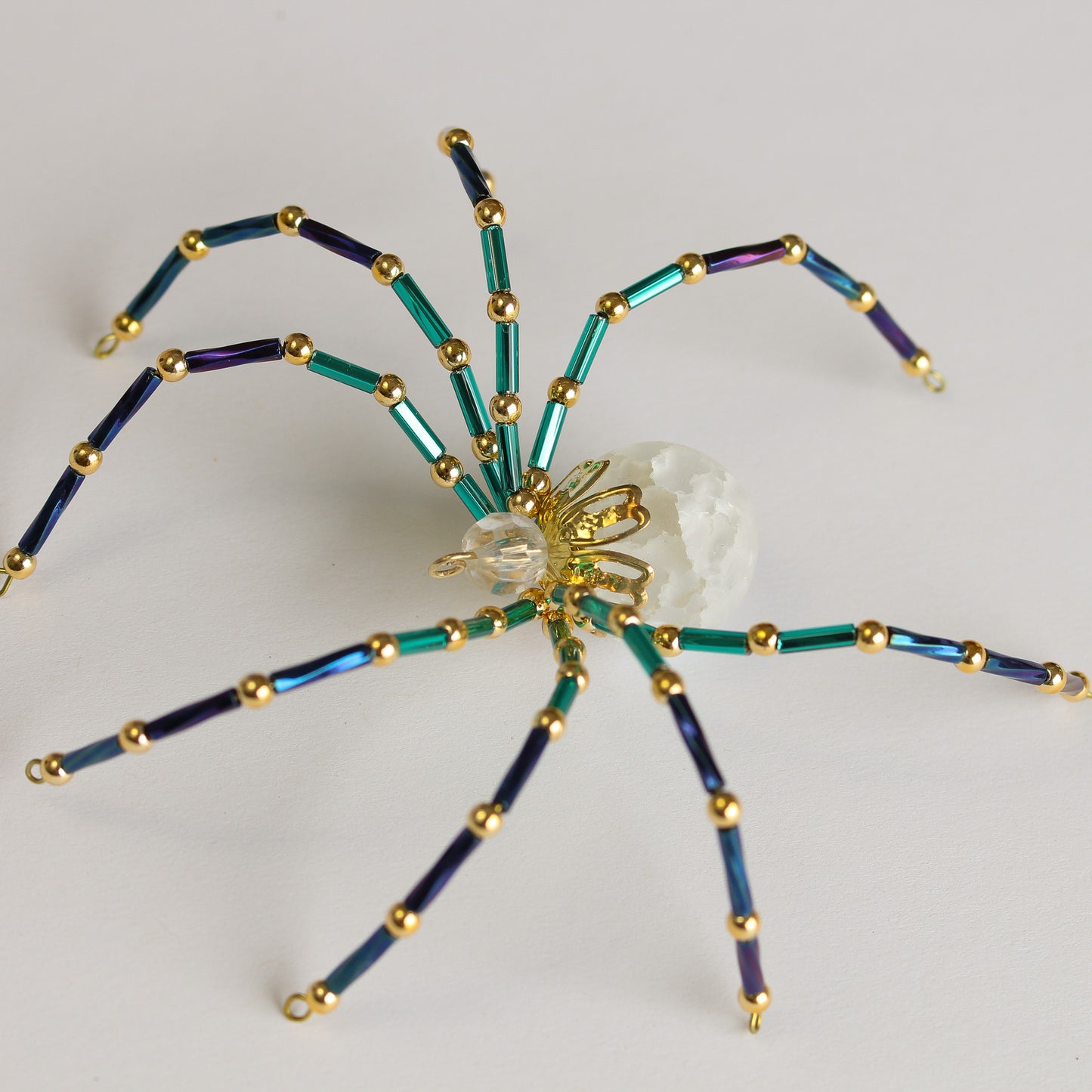 Beaded Spider Christmas Ornament Quartz Stone and Teal/Navy (One of a Kind)