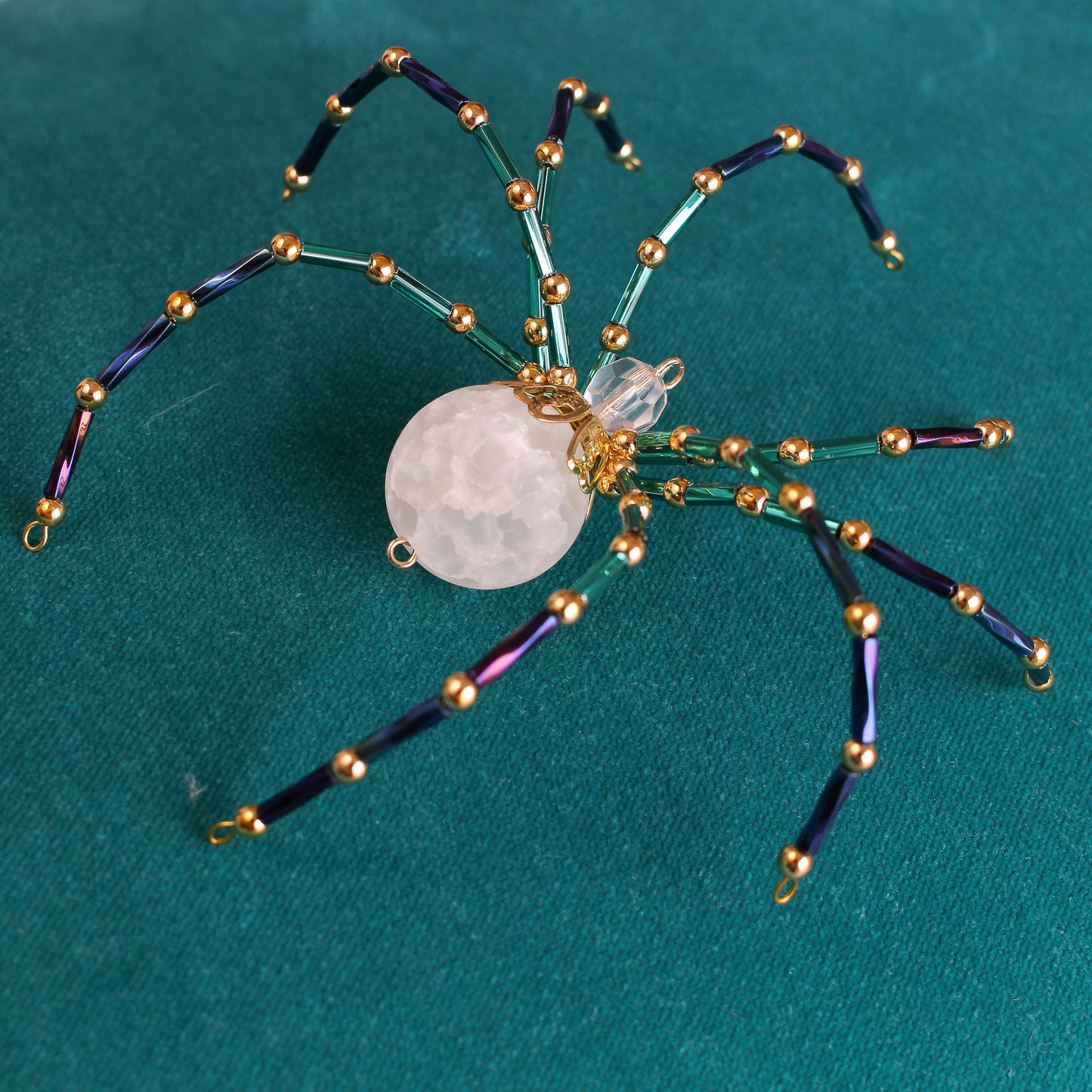 Beaded Spider Christmas Ornament Quartz Stone and Teal/Navy (One of a Kind)