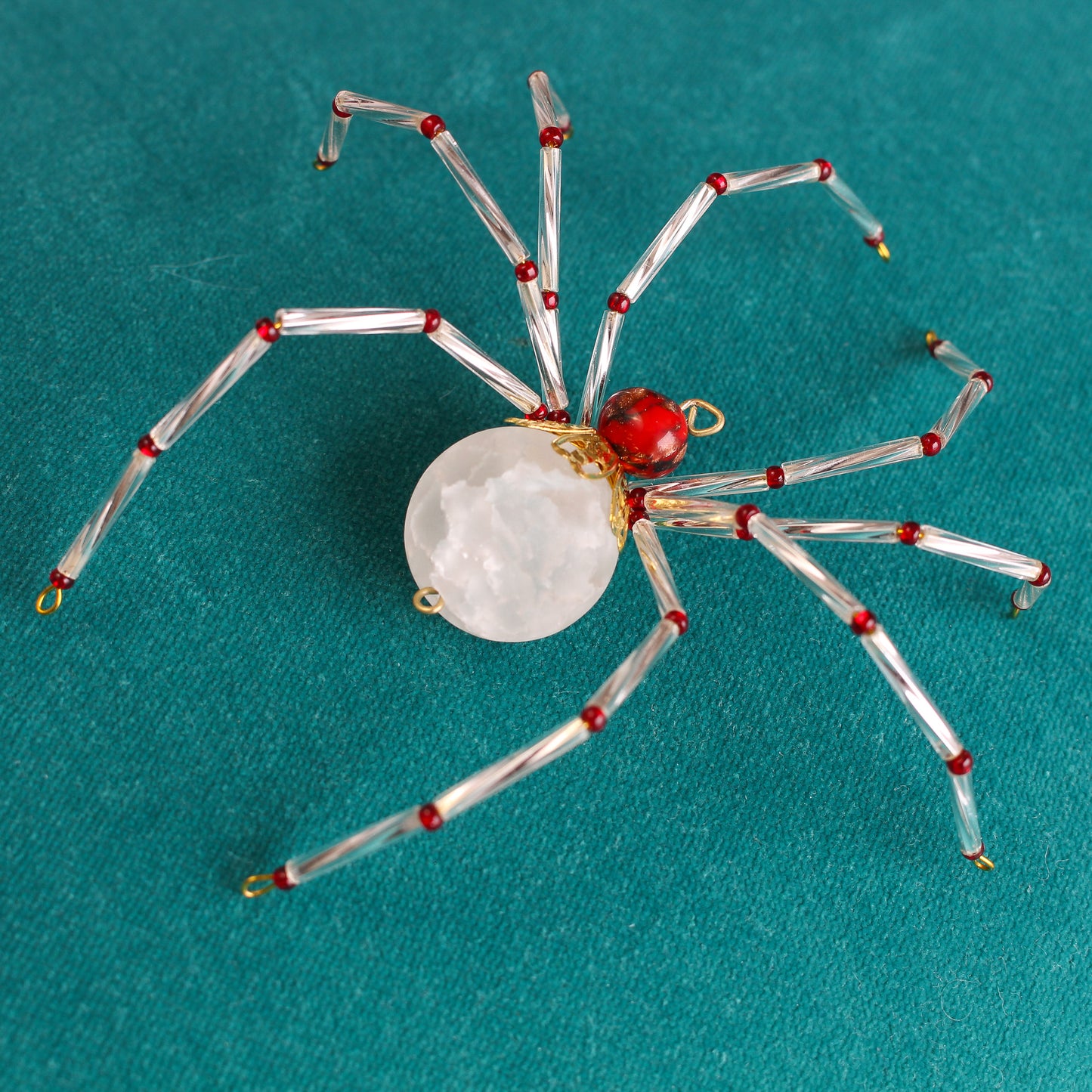Beaded Spider Christmas Ornament Quartz Stone, Red and Gold (One of a Kind)