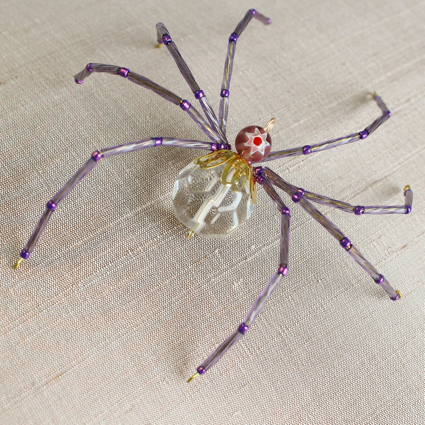 Beaded Spider Christmas Ornament Purple and Clear Faceted Glass (One of a Kind)