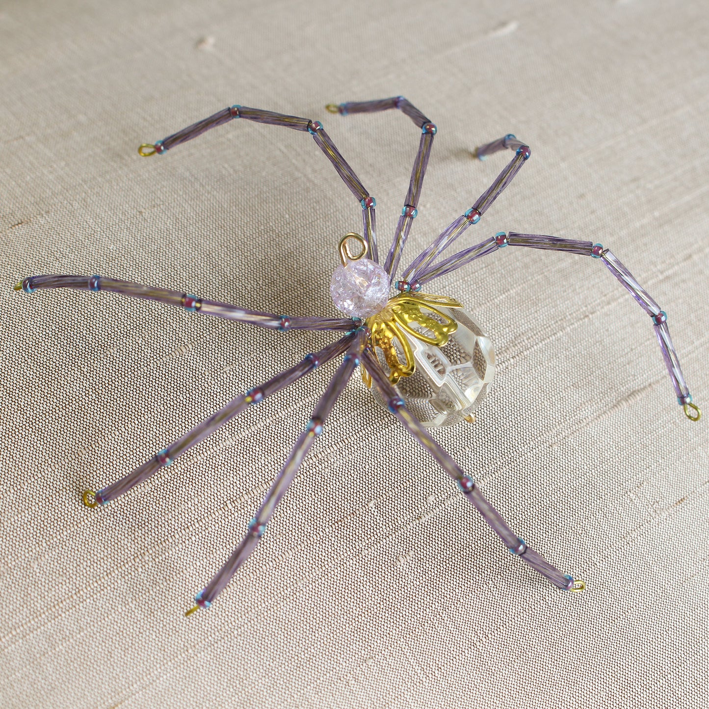 Beaded Spider Christmas Ornament Purple and Clear Faceted Glass (One of a Kind)