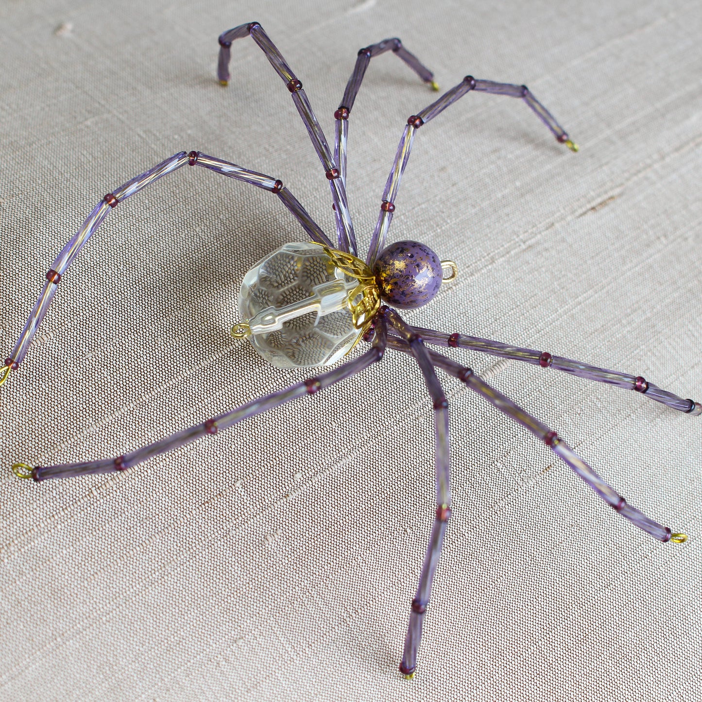 Beaded Spider Christmas Ornament Purple, Gold and Clear Faceted Glass (One of a Kind)