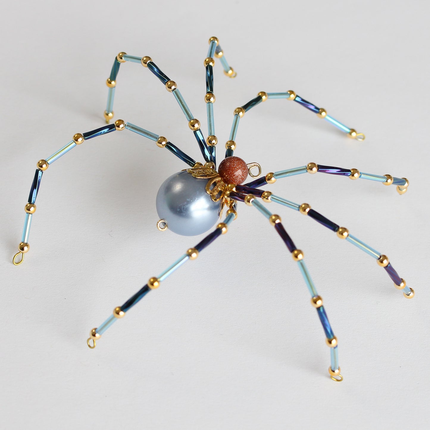 Beaded Spider Christmas Ornament Icy Blue and Gold (One of a Kind)