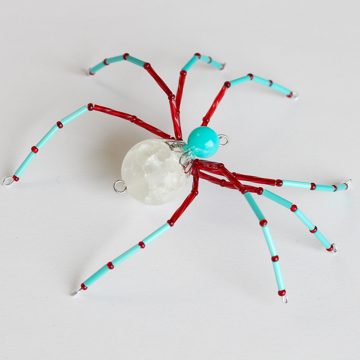 Beaded Spider Christmas Ornament Quartz Stone and Aqua, Red (One of a Kind)