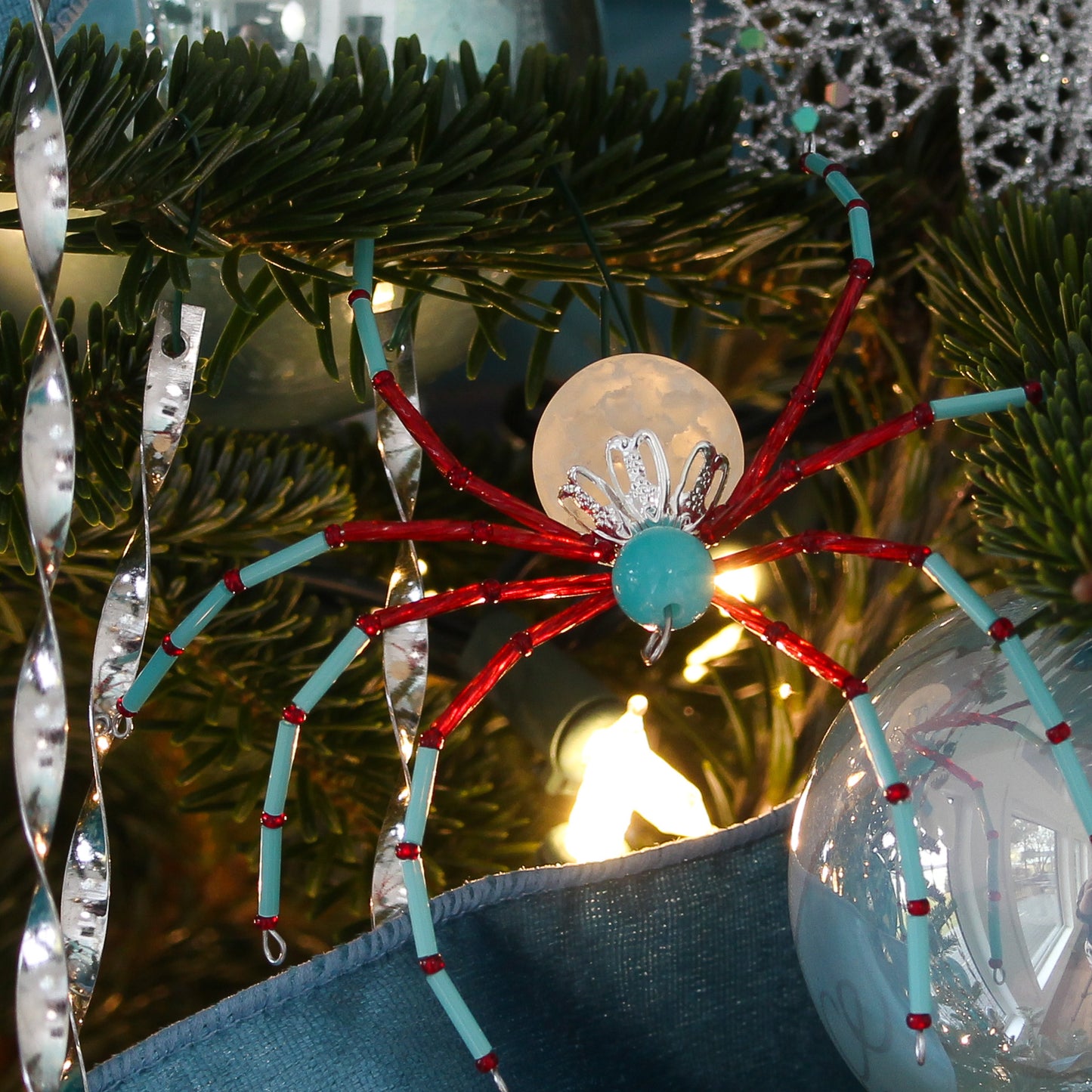 Beaded Spider Christmas Ornament Quartz Stone and Aqua, Red (One of a Kind)