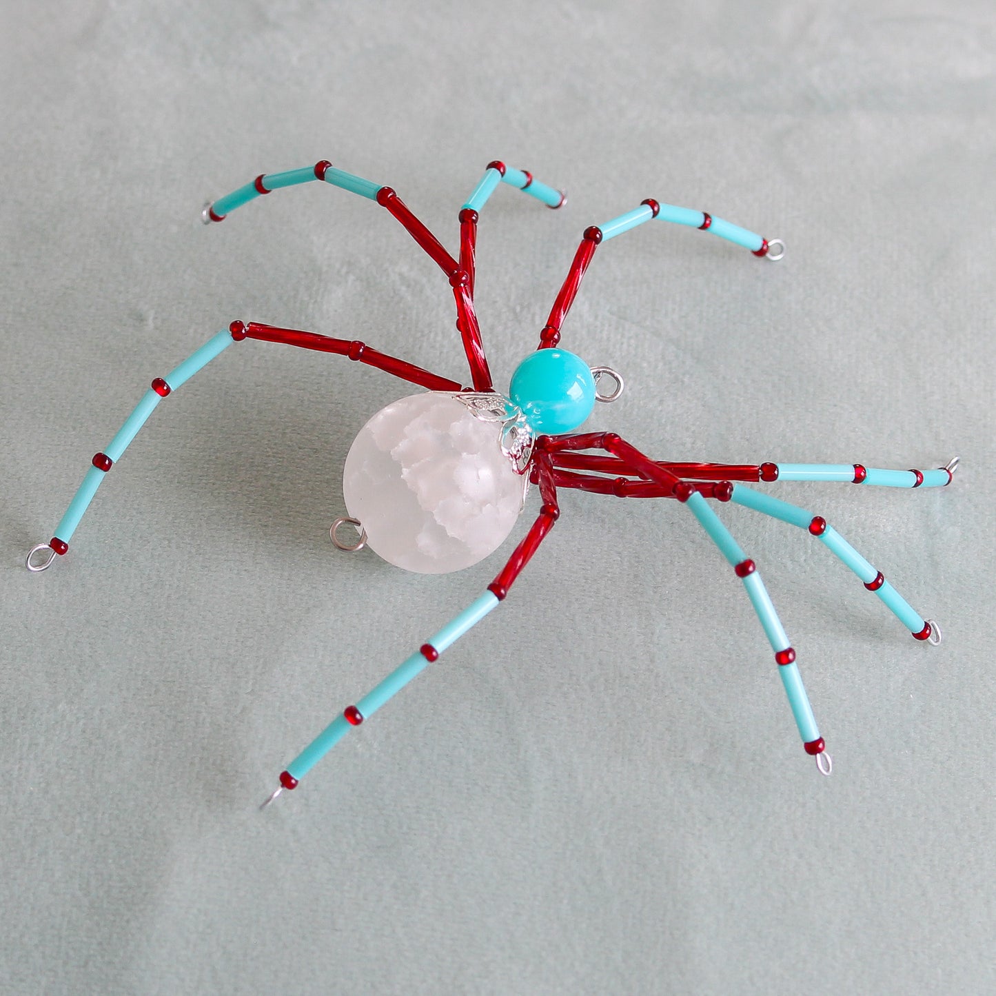 Beaded Spider Christmas Ornament Quartz Stone and Aqua, Red (One of a Kind)