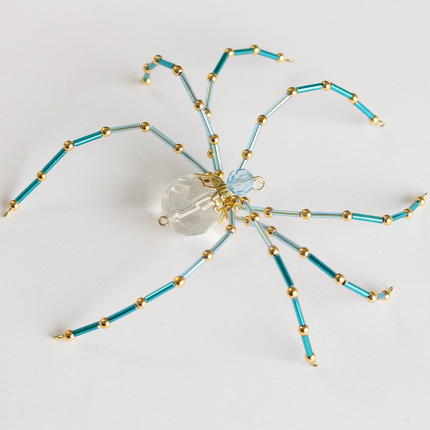 Beaded Spider Christmas Ornament Teal, Sky Blue and Faceted Clear Glass (One of a Kind)