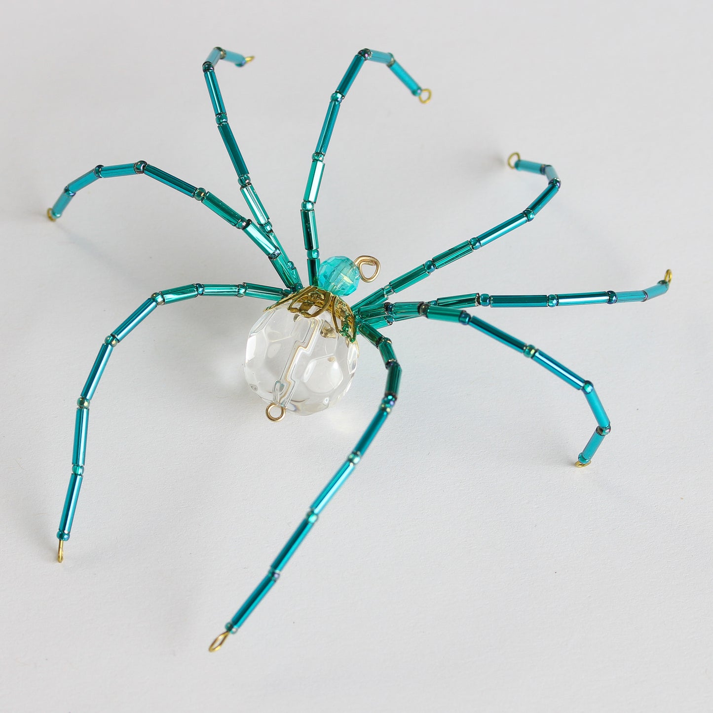 Beaded Spider Christmas Ornament Teal and Faceted Clear Glass (One of a Kind)