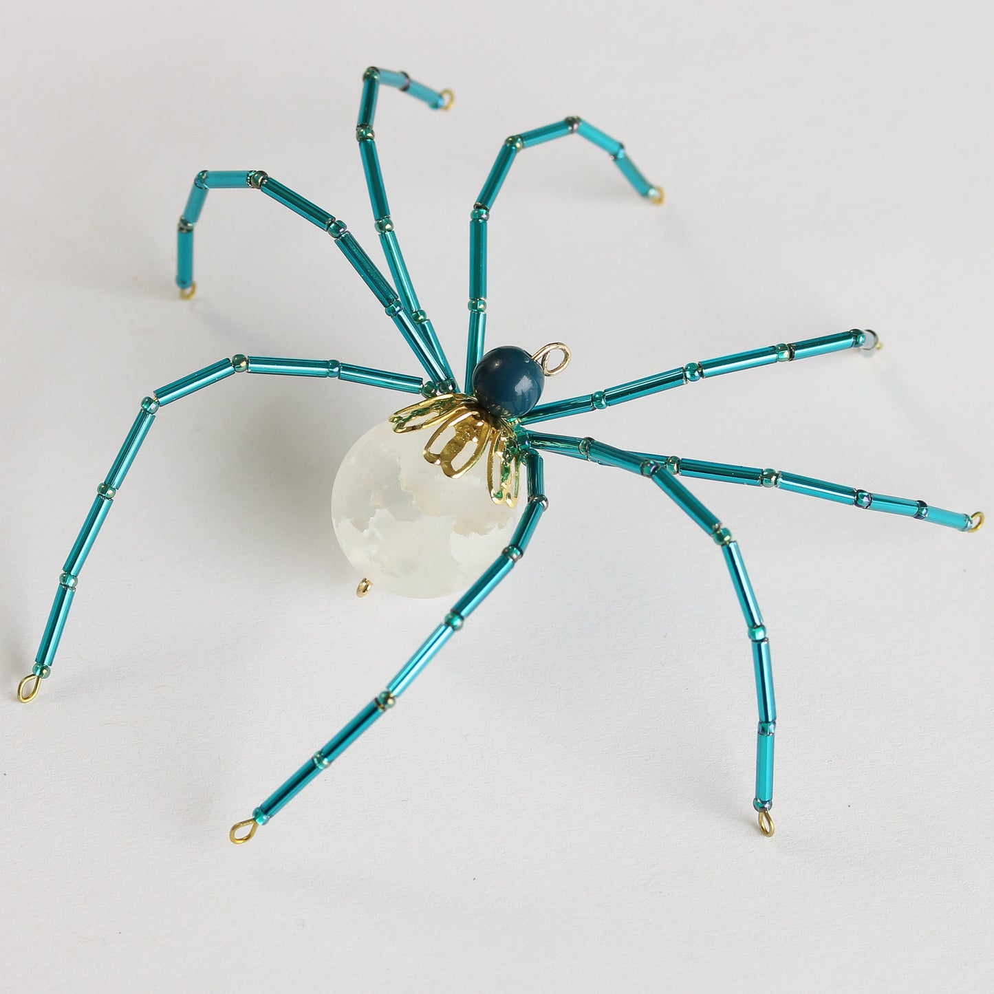 Beaded Spider Christmas Ornament Quartz Stone and Teal (One of a Kind)