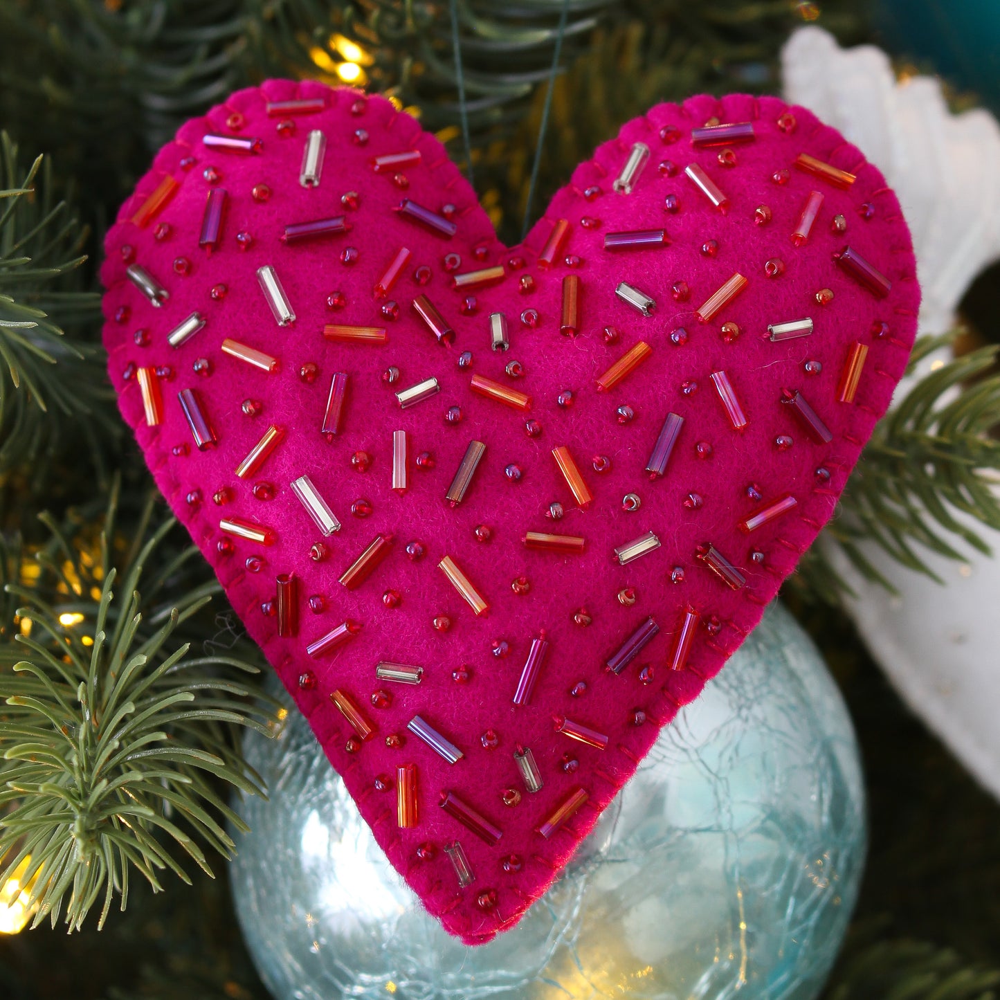 Handmade Felt Ornament: Dark Pink Felt Heart Ornament with Beading OOAK