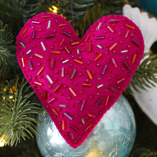 Handmade Felt Ornament: Dark Pink Felt Heart Ornament with Beading OOAK