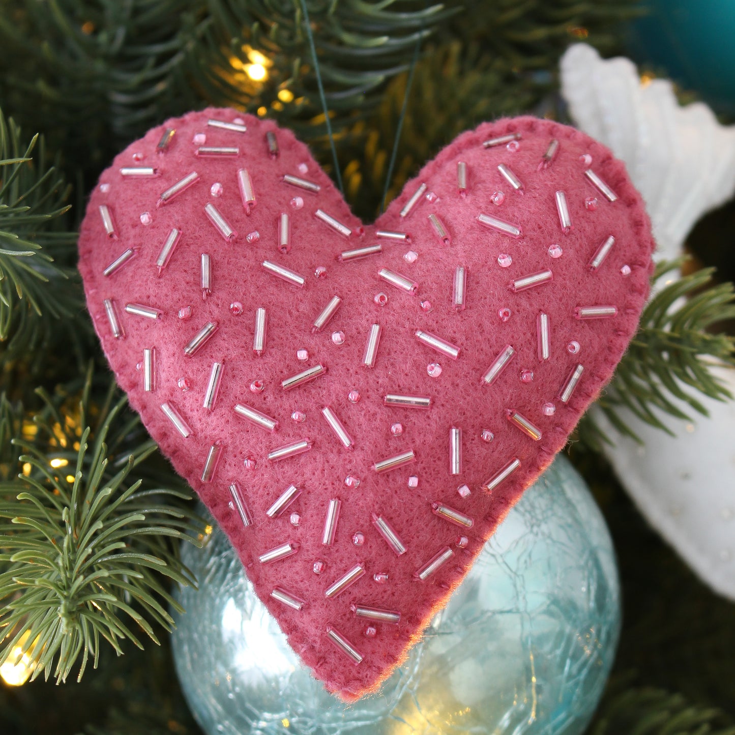 Handmade Felt Ornament: Light Pink Felt Ornament with Beading OOAK