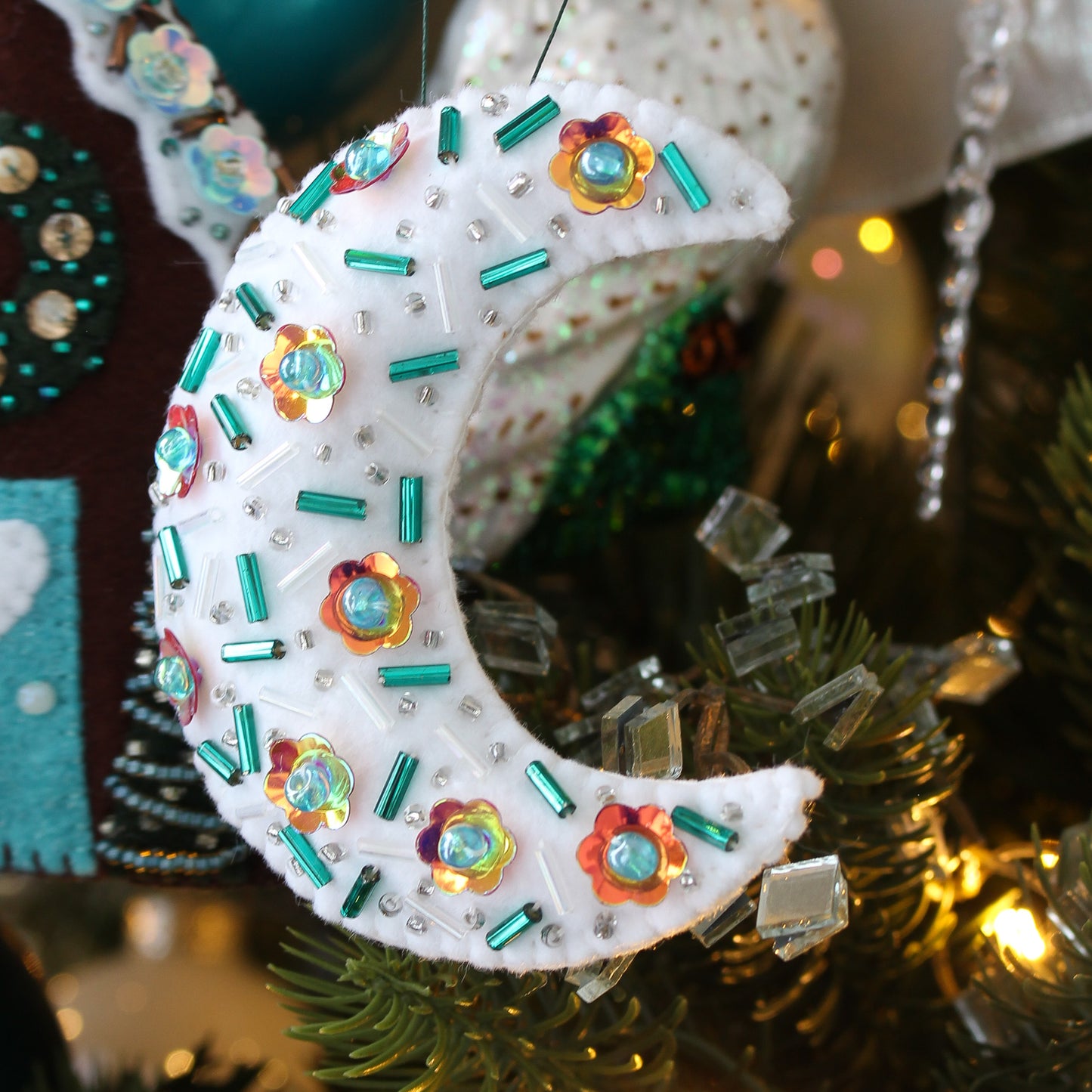 Handmade Felt Moon Ornament with Beading and Sequins: Teal Green + Copper OOAK