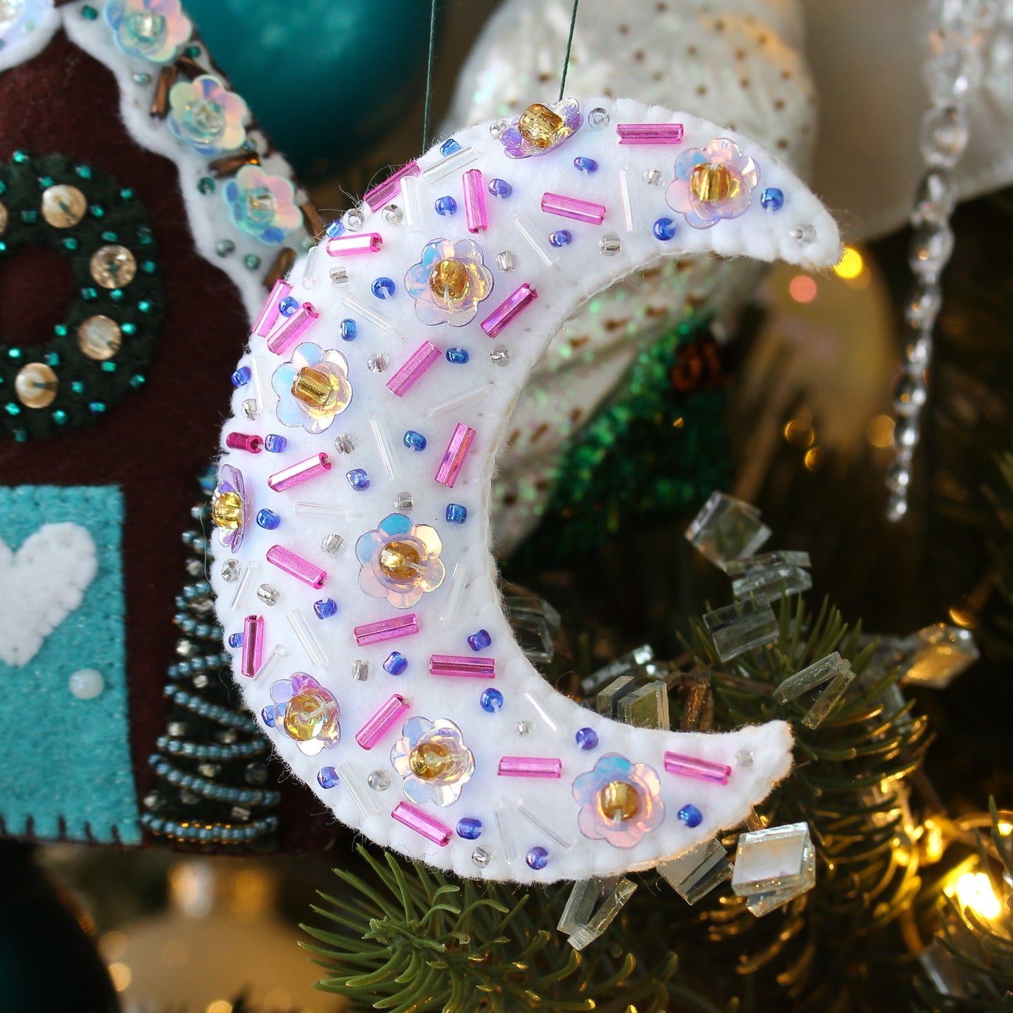 Handmade Felt Moon Ornament with Beading and Sequins: Pink + Purple OOAK