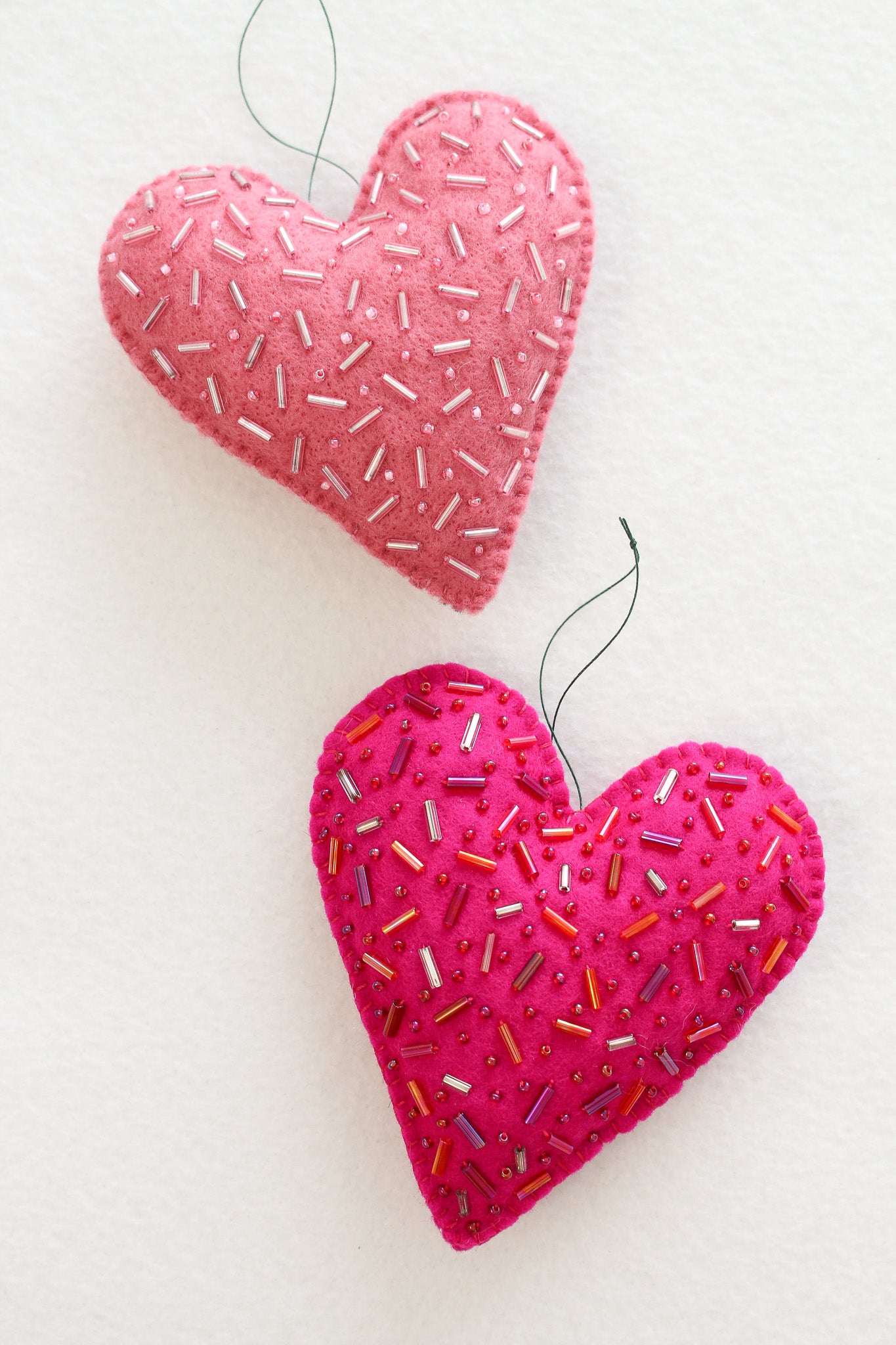 Handmade Felt Ornament: Dark Pink Felt Heart Ornament with Beading OOAK