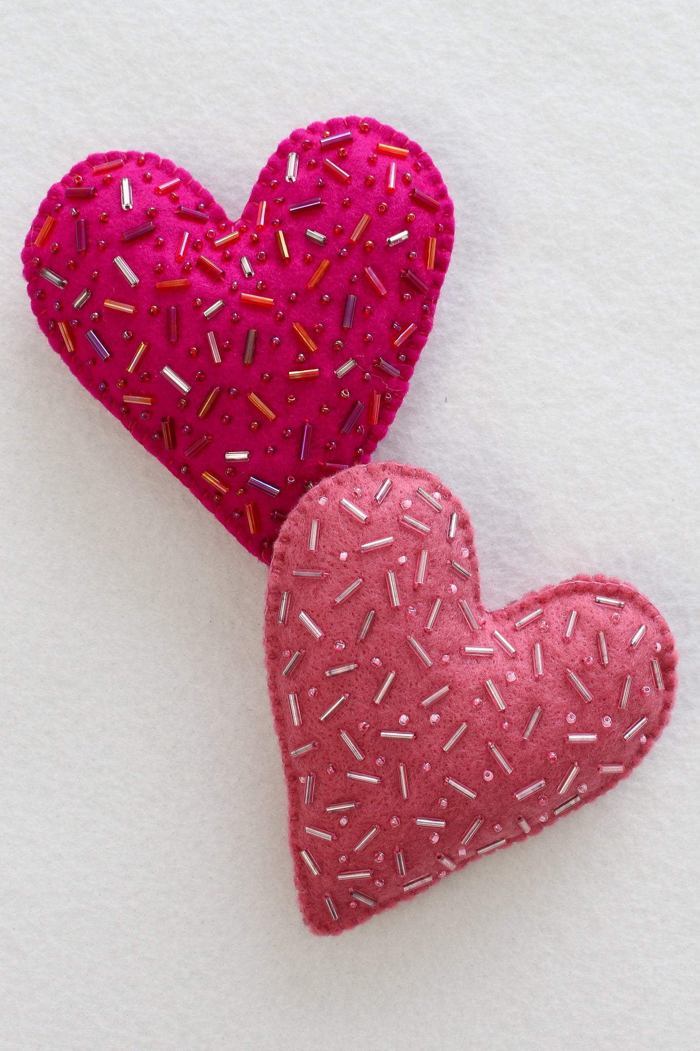 Handmade Felt Ornament: Dark Pink Felt Heart Ornament with Beading OOAK