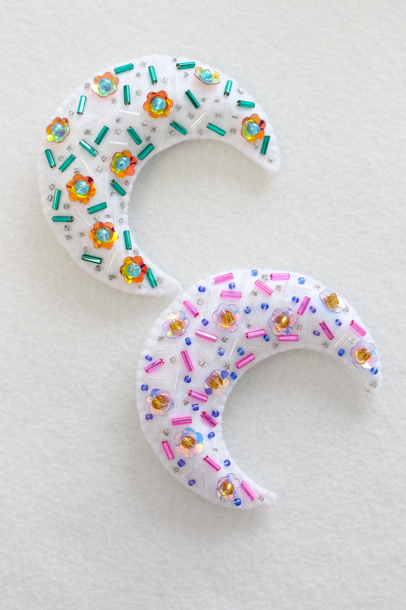 Handmade Felt Moon Ornament with Beading and Sequins: Teal Green + Copper OOAK