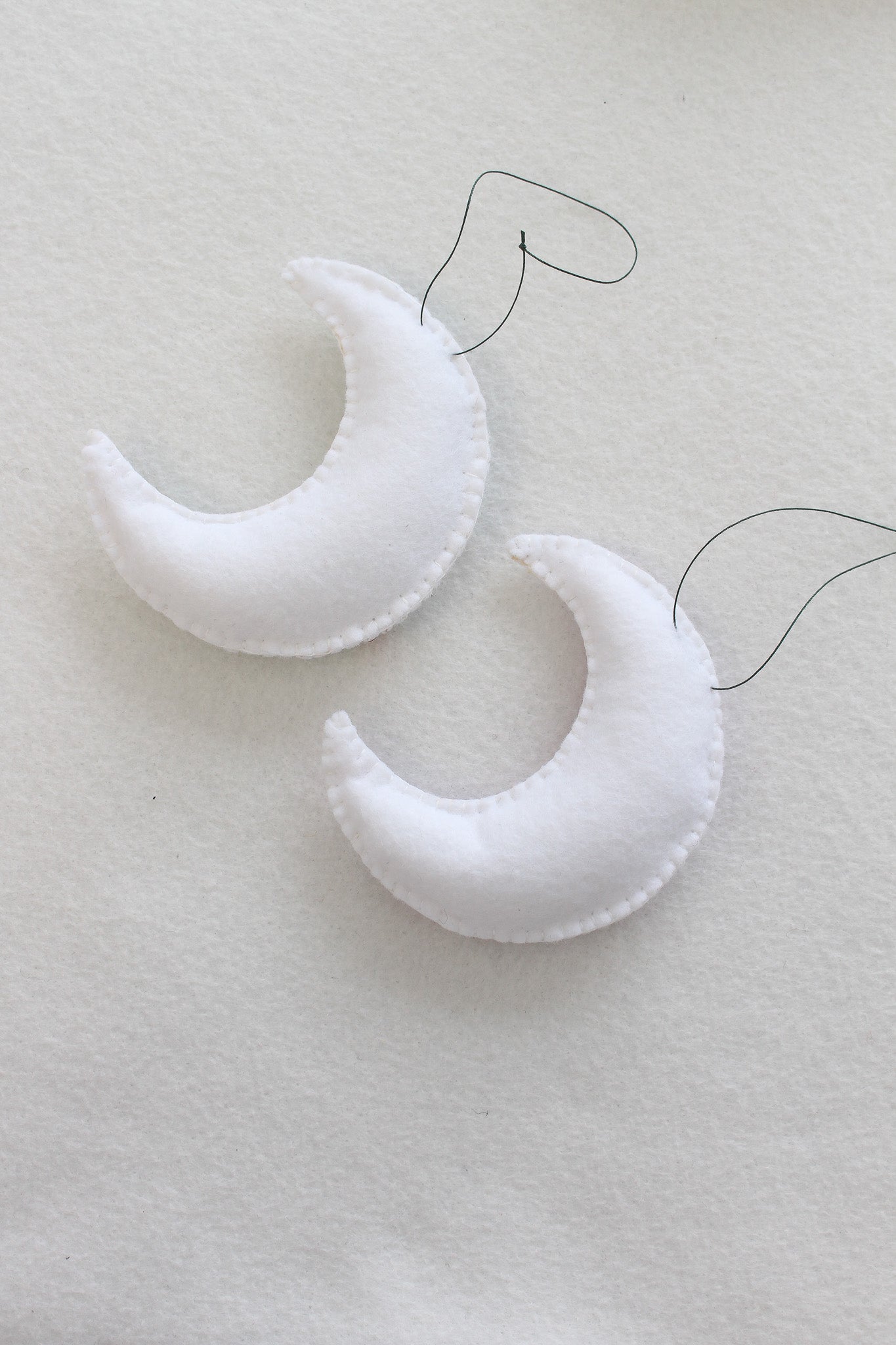 Handmade Felt Moon Ornament with Beading and Sequins: Teal Green + Copper OOAK