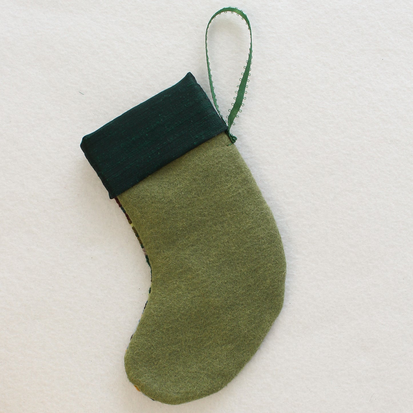 Upcycled Needlepoint Stocking Ornament - Green Landscape II (OOAK)