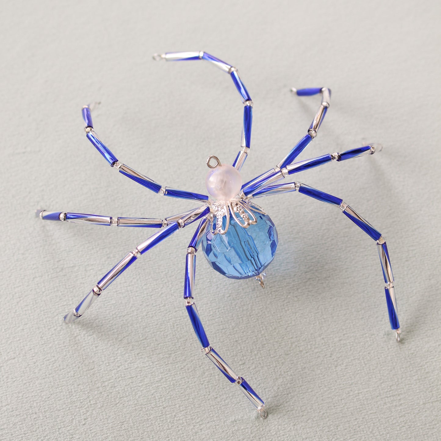 Beaded Christmas Spider Ornament - Blue + Silver