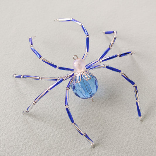 Beaded Christmas Spider Ornament - Blue + Silver