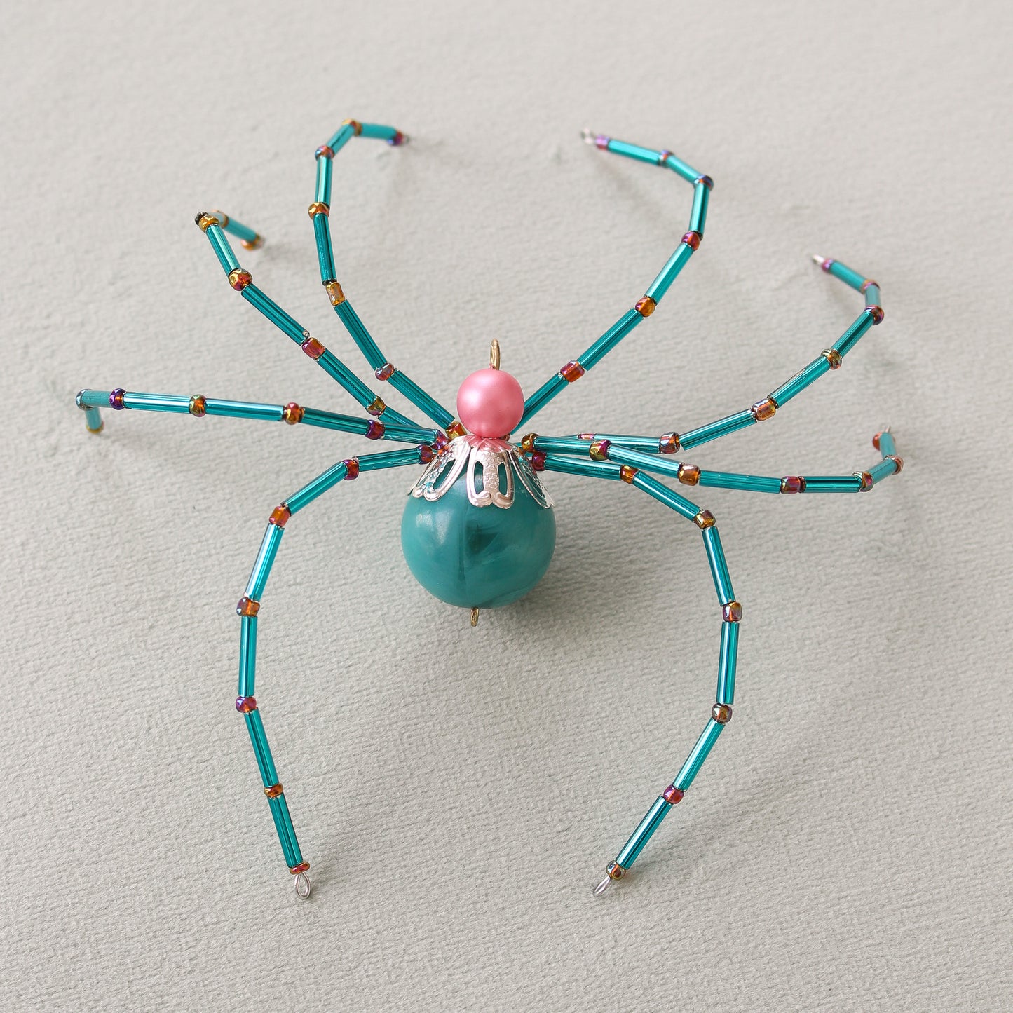 Beaded Christmas Spider Ornament - Teal + Pink