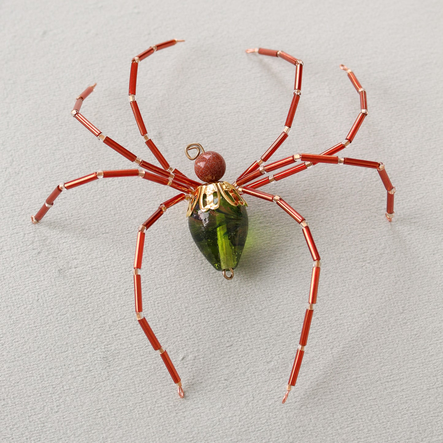 Beaded Christmas Spider Ornaments - Gold + Green + Coral