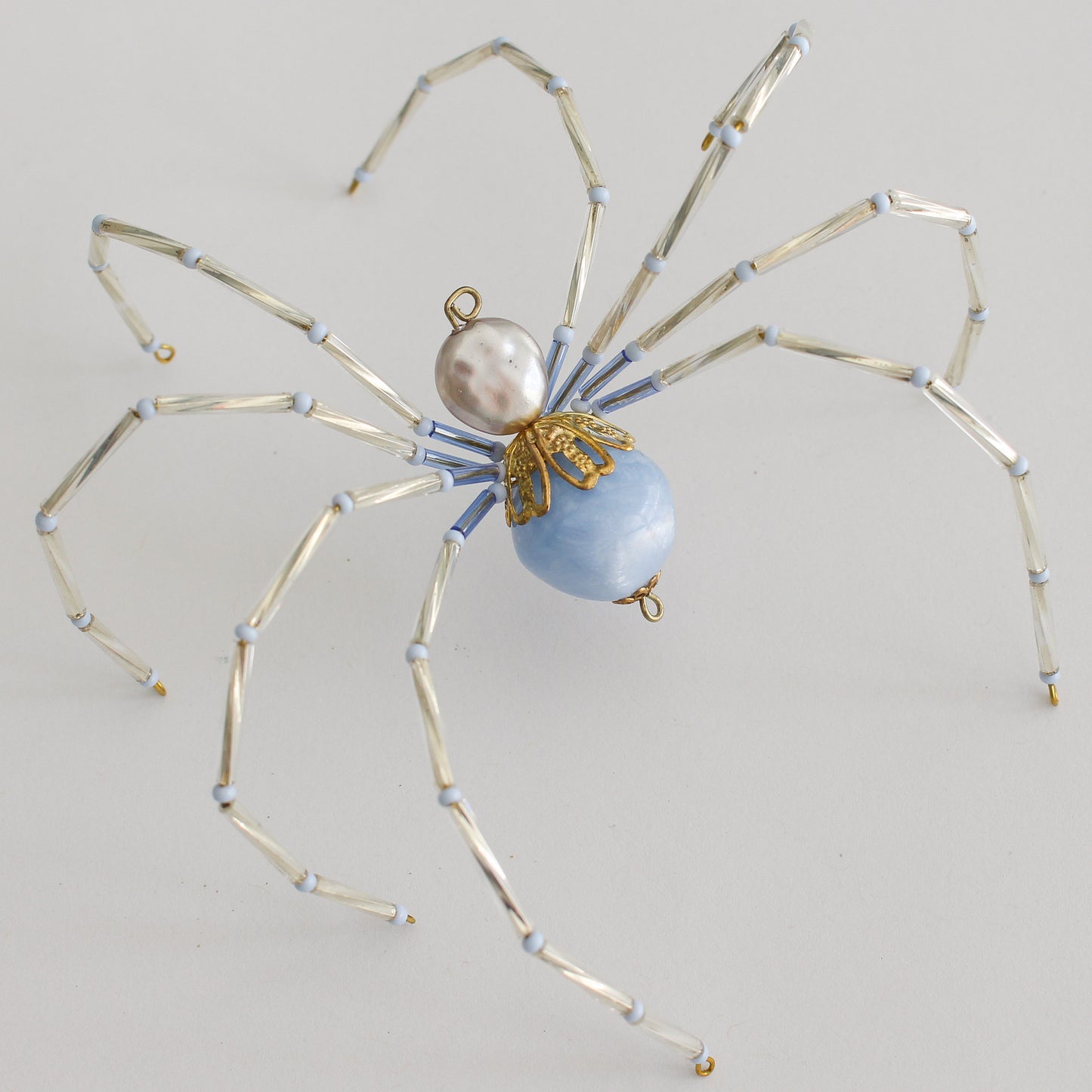 Beaded Spider Christmas Ornament Icy Blue and Pearl (One of a Kind)