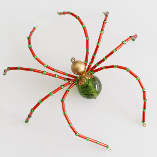 Beaded Spider Christmas Ornament Green and Red (One of a Kind)