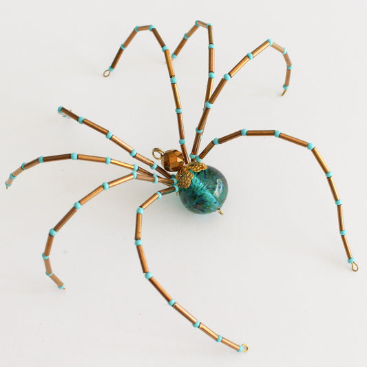 Beaded Spider Christmas Ornament Bronze and Teal (One of a Kind)