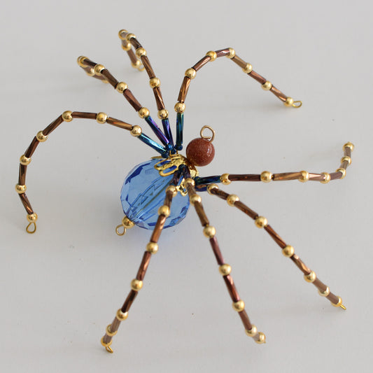 Beaded Spider Christmas Ornament Blue and Gold (One of a Kind)