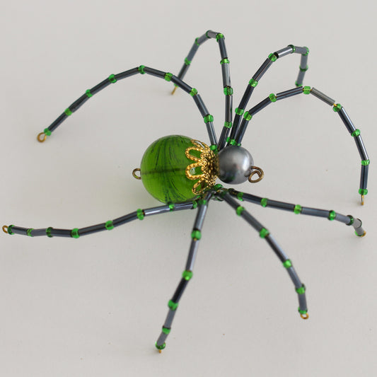 Beaded Spider Christmas Ornament Green and Grey (One of a Kind)