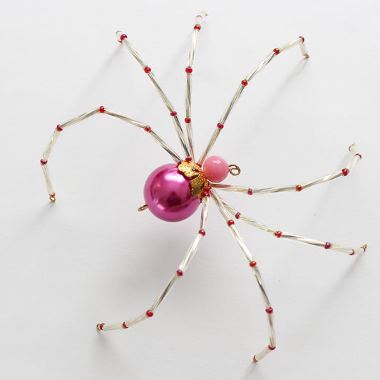 Beaded Spider Christmas Ornament Hot Pink and Silver (One of a Kind)