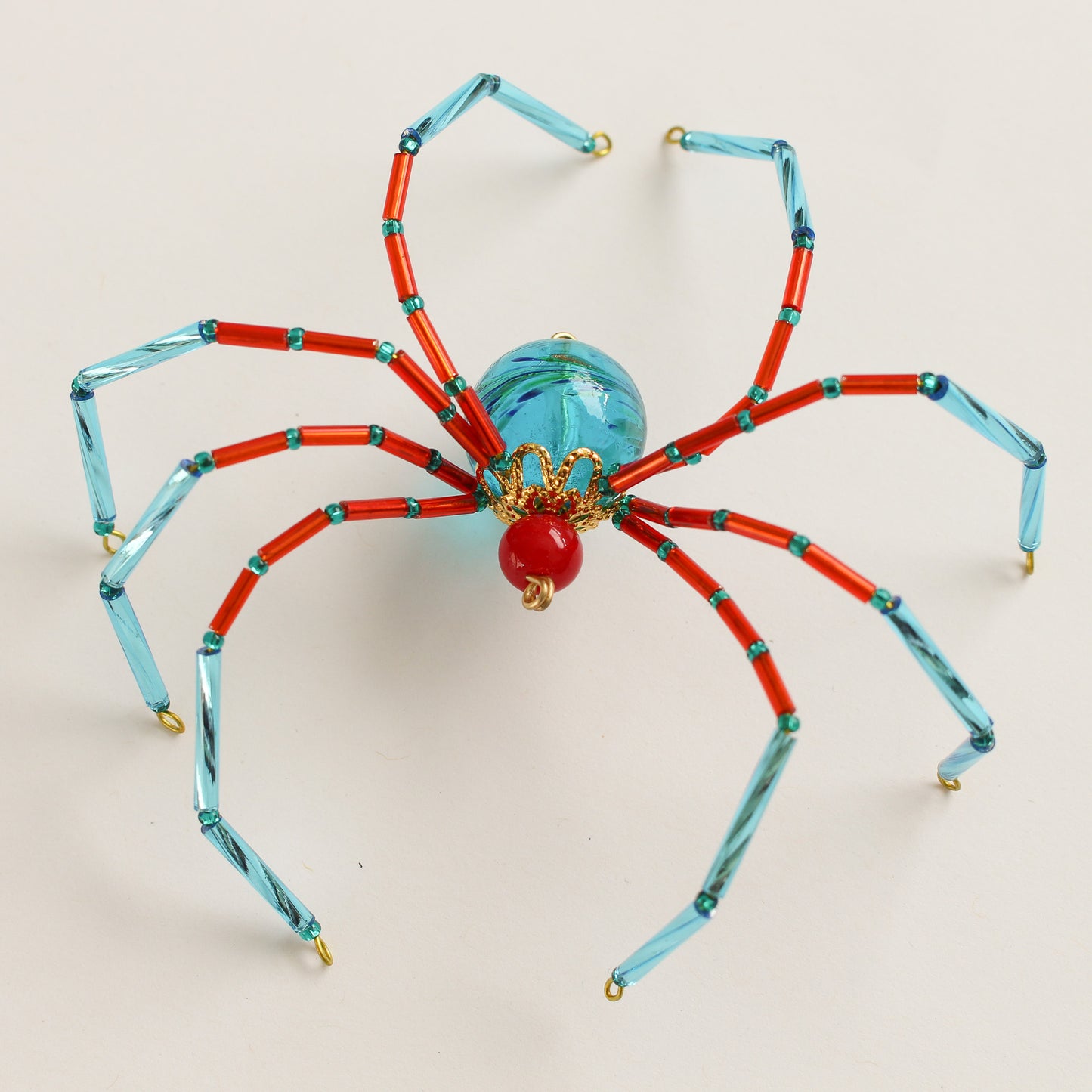 Beaded Spider Christmas Ornament Teal and Red (One of a Kind)