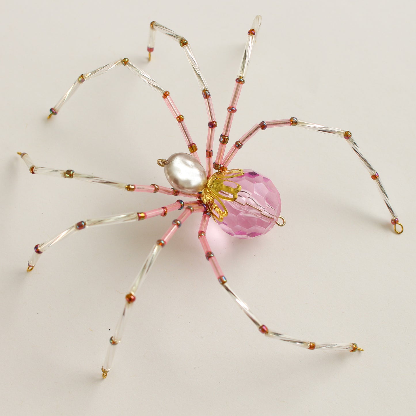 Beaded Spider Christmas Ornament Pink and Pearl (One of a Kind)