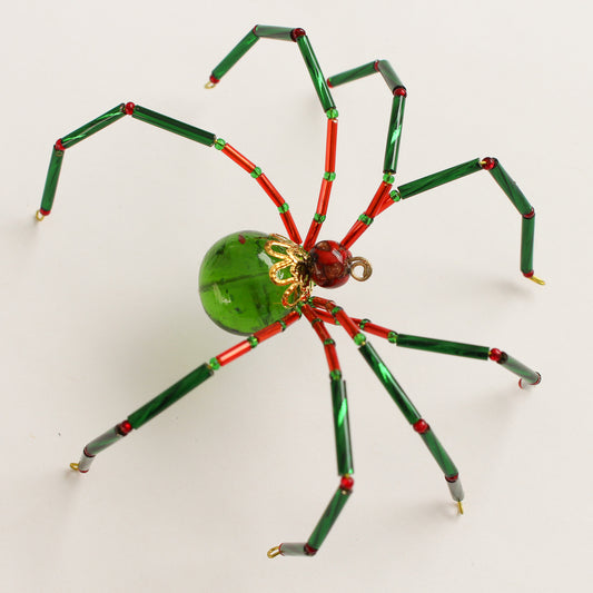 Beaded Spider Christmas Ornament Green and Red (One of a Kind)
