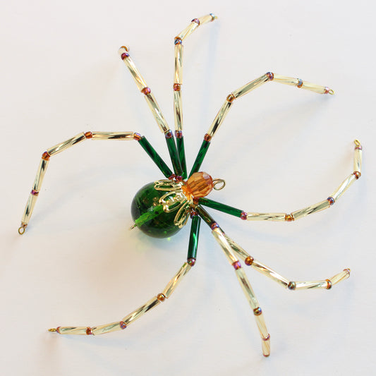 Beaded Spider Christmas Ornament Dark Green and Amber (One of a Kind)