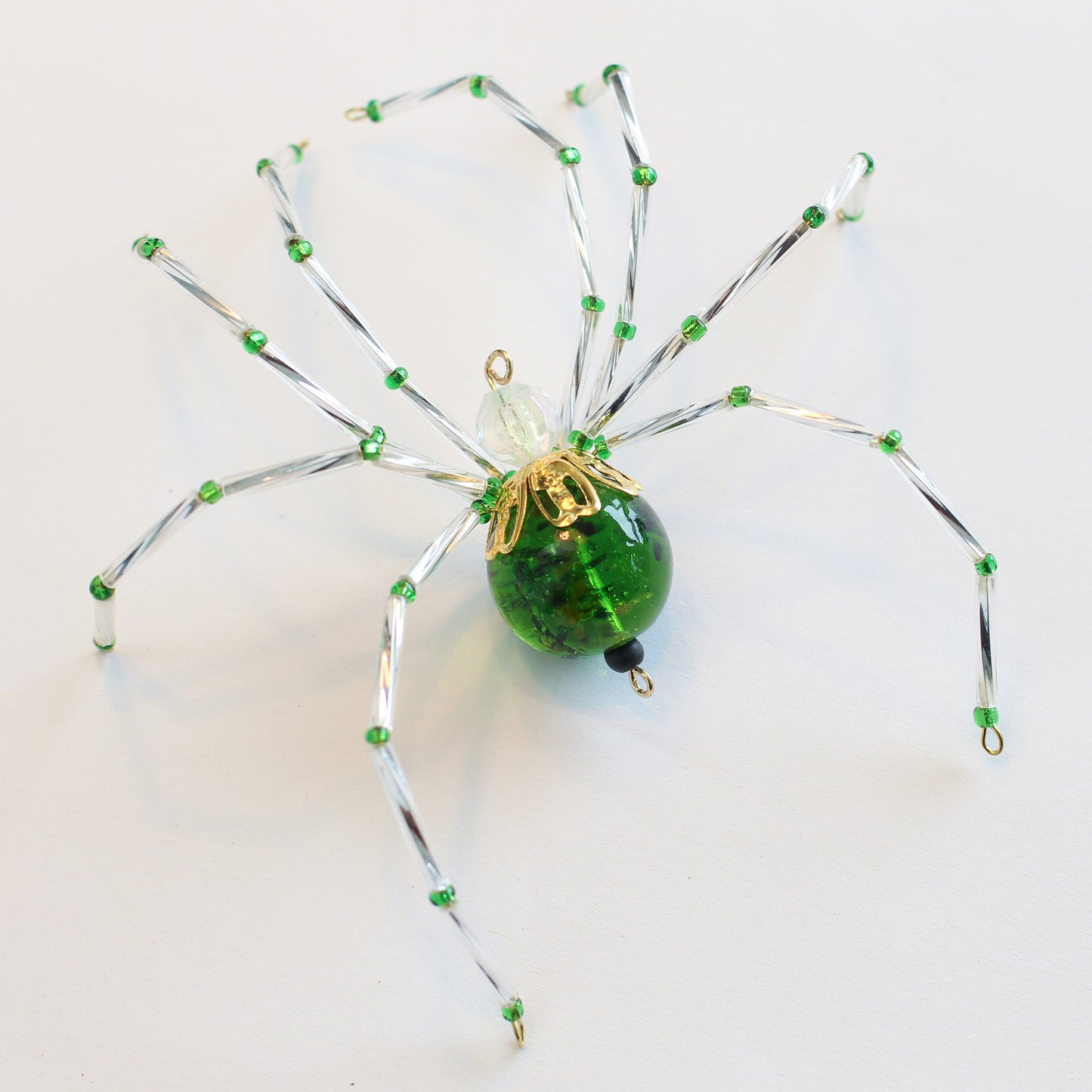 Beaded Spider Christmas Ornament Green and Silver (One of a Kind)