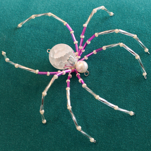 Beaded Spider Christmas Ornament Quartz and Hot Pink (One of a Kind)