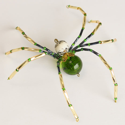 Beaded Spider Christmas Ornament Dark Green, Charcoal and Gold (One of a Kind)