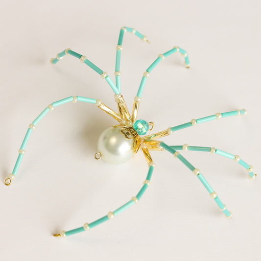 Beaded Spider Christmas Ornament Aqua and Pearl (One of a Kind)