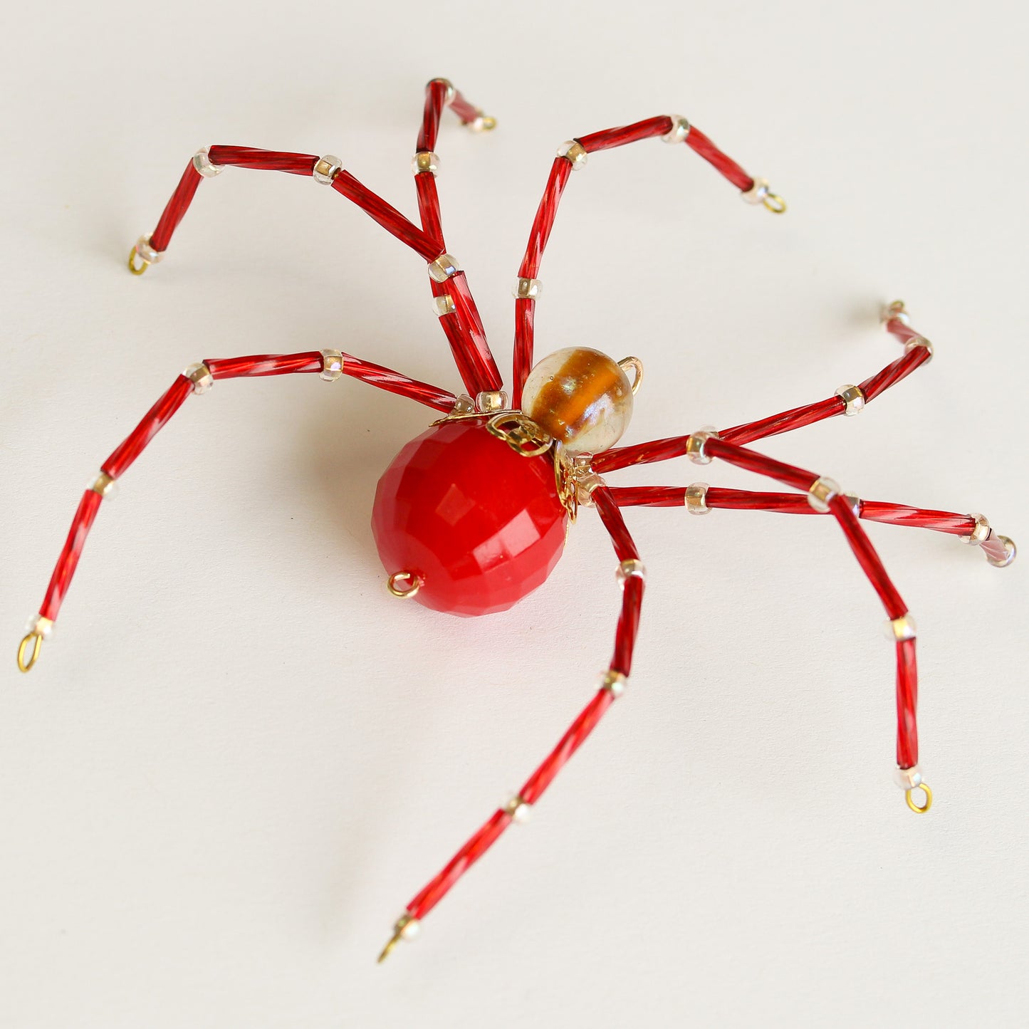 Beaded Spider Christmas Ornament Red and Amber (One of a Kind)