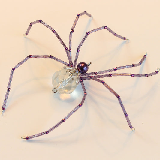 Beaded Spider Christmas Ornament Violet and Faceted Clear Glass (One of a Kind)